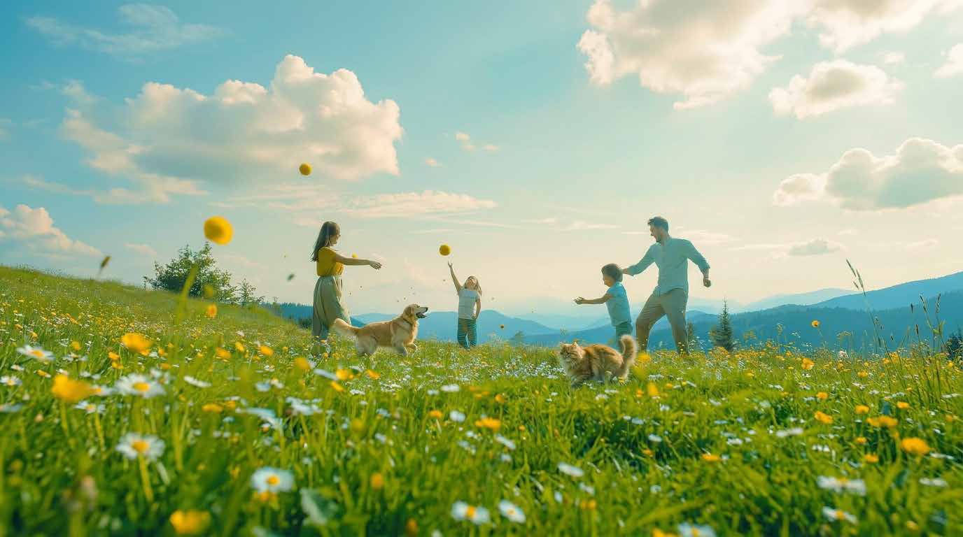 Family with dog and cat in a sunny meadow